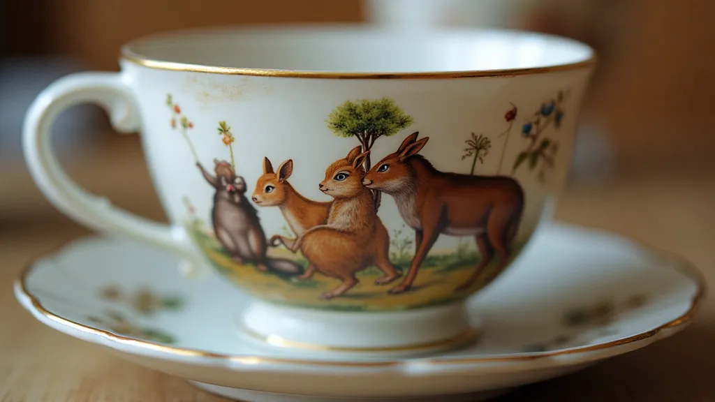 Transferware cup with a scene from Aesop's Fables