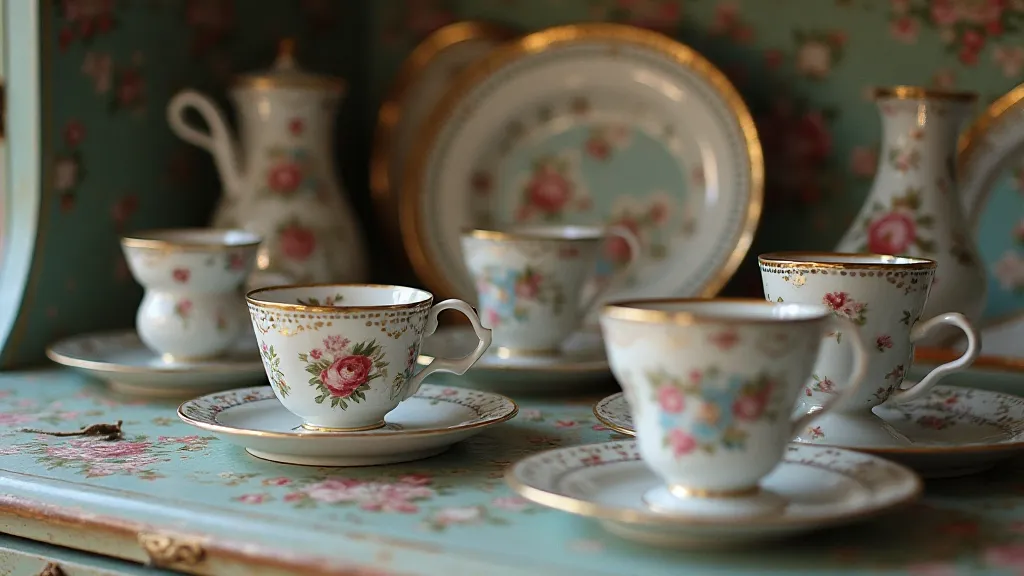 Display of antique Spode tea cups