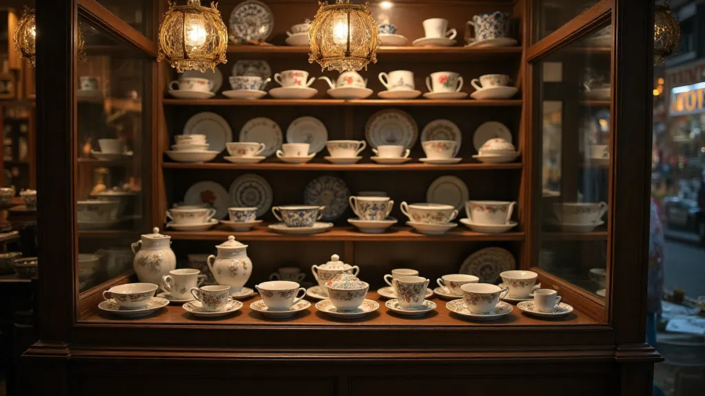 Antique tea cups in a shop display