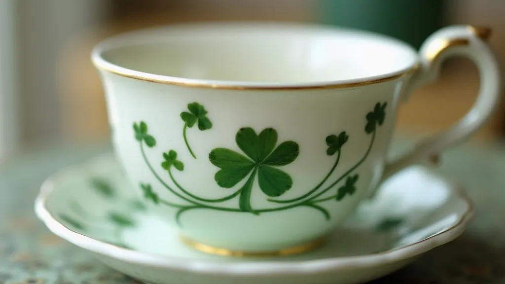 A Belleek tea cup with delicate hand-painted shamrocks and leaves
