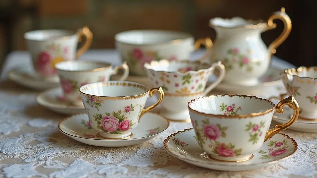Display of antique Victorian teacups