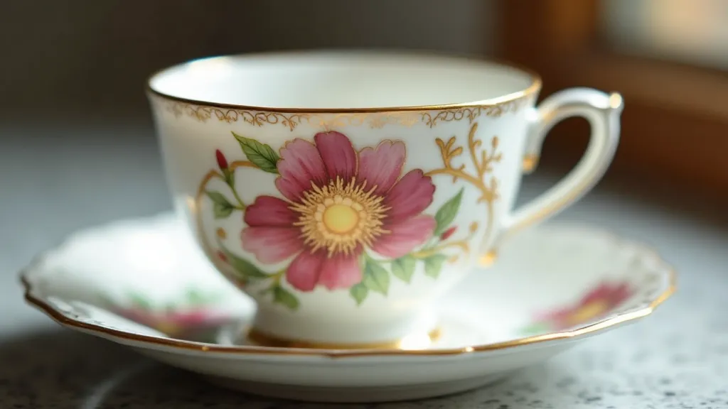 Close-up of a hand-painted Dresden china tea cup