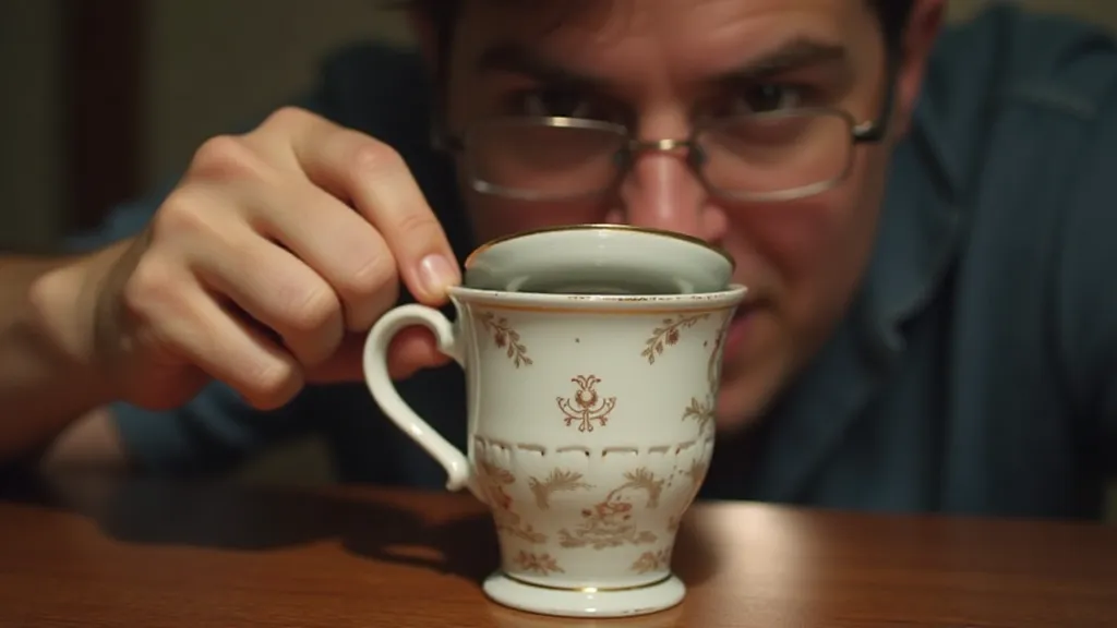 Person examining tea cup hallmark with magnifying glass