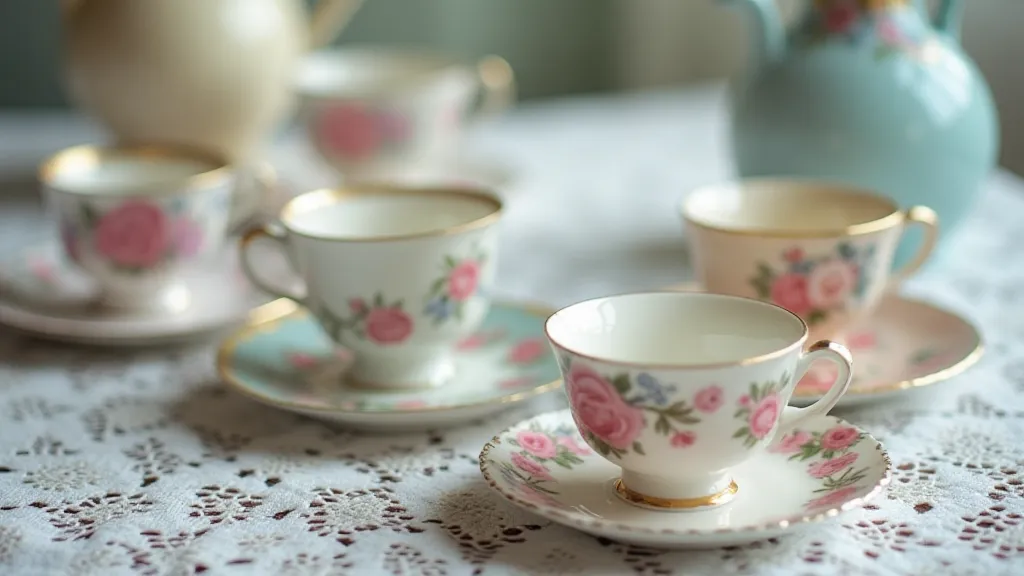 A selection of antique tea cups with delicate floral patterns.