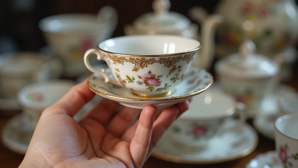Hand holding an antique transferware tea cup