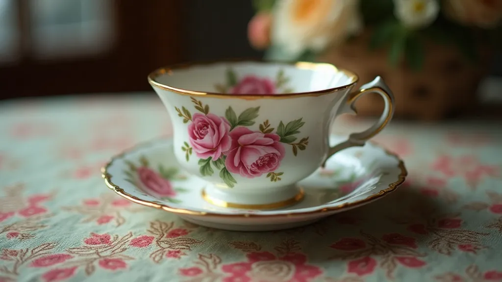 Antique rose-patterned tea cup and saucer.