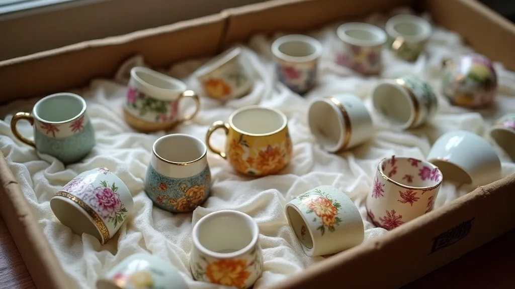 Antique tea cups carefully stored in a box.