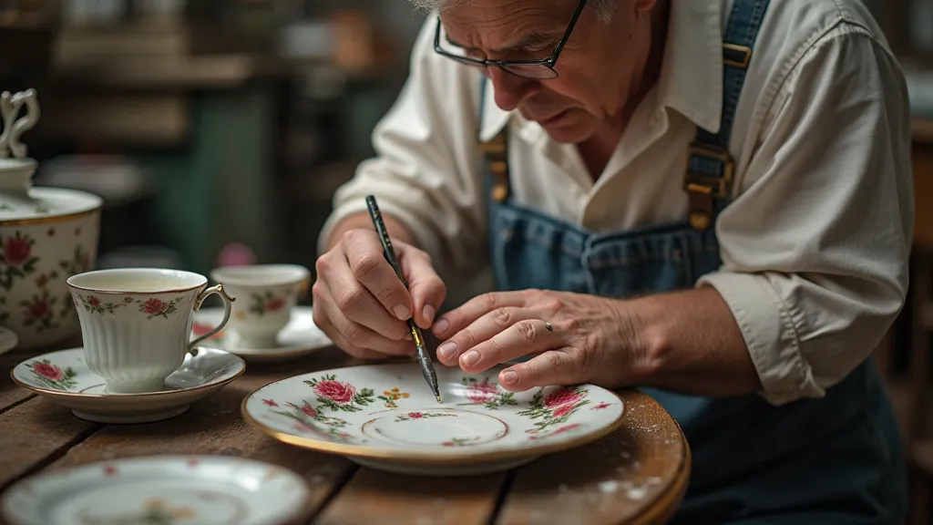Artisans painting tea cups in a Victorian china factory