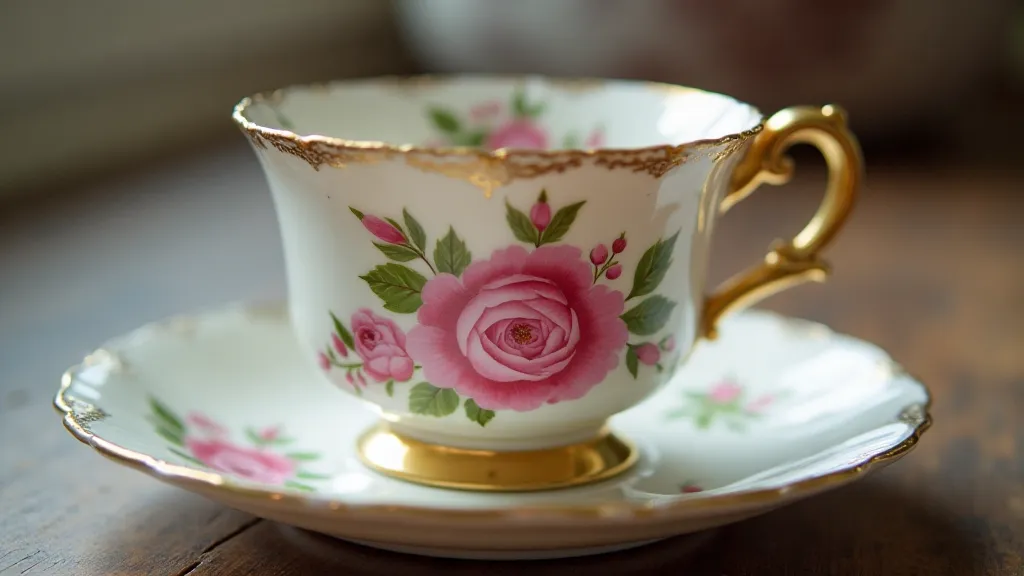 Close-up of a Victorian teacup with hand-painted roses