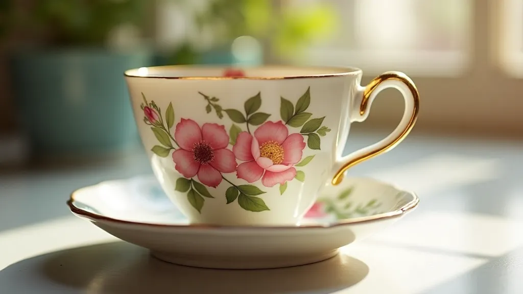 A Worcester tea cup with a delicate hand-painted floral design in pinks and greens.