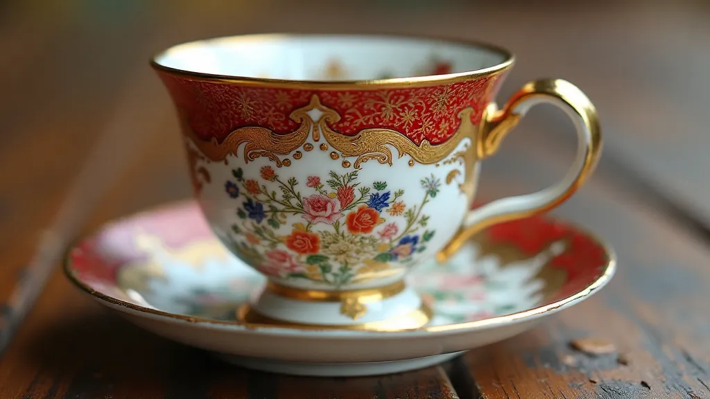 A Worcester Flight & Barr tea cup decorated with Japanese-inspired motifs in red, gold, and blue